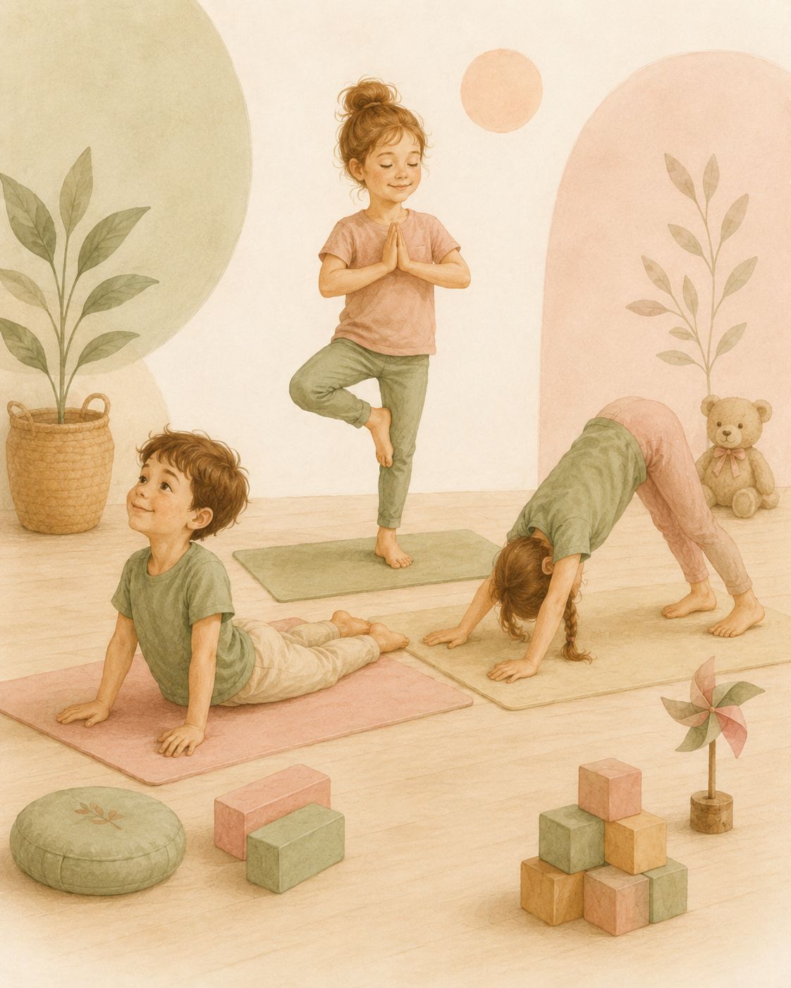 Farklı yoga duruşlarını deneyimleyen çocuklar